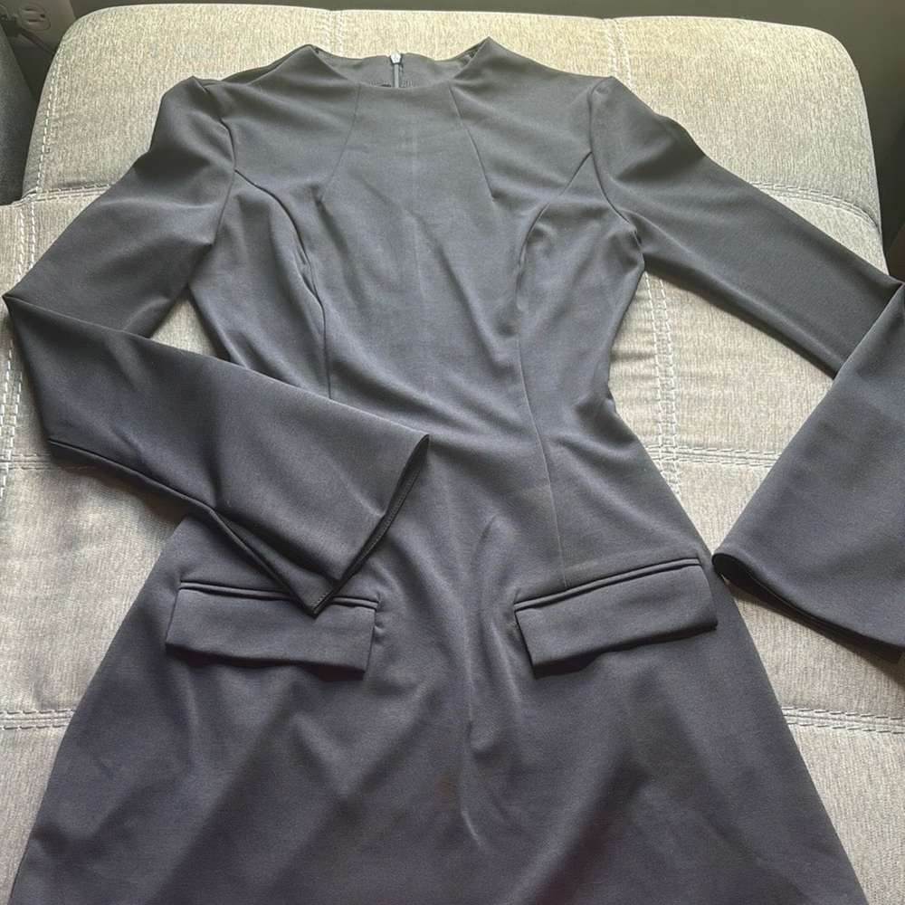 Gray Sheath Dress with Bell Sleeves and Mock Neck